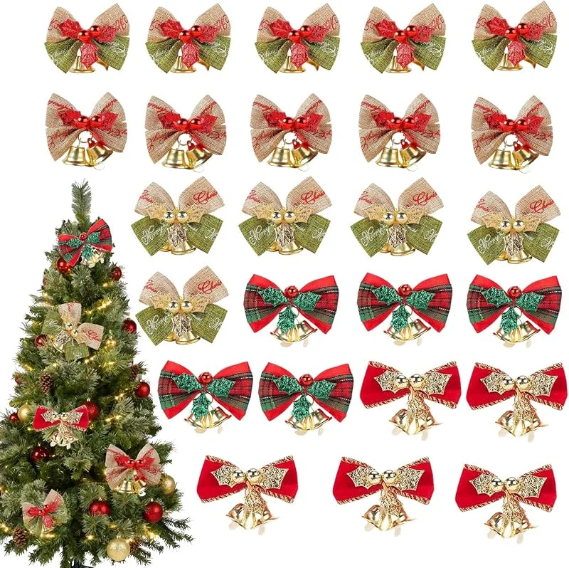 HEDYX 25 Lazos Navideños con Campanas, 5 Estilos, para Regalos, Árboles y Decoraciones Festivas — Envoltorio regalo