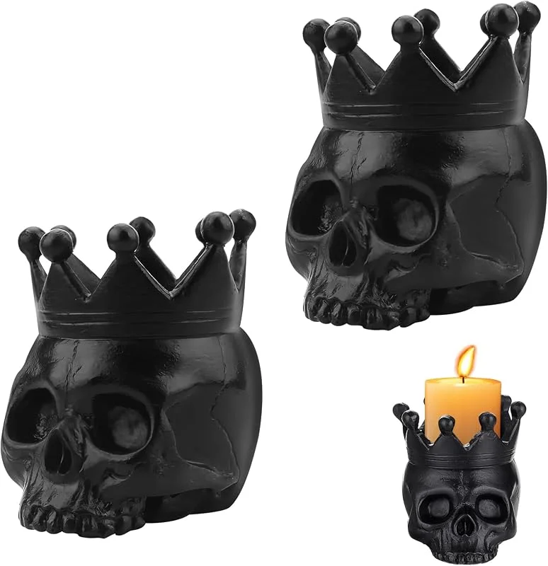 FainFun Candelabro Calaveras, FainFun Juego de 2 Portavelas Calavera, Portavelas Votiva de Té Centros de Mesa, Decoración para Navidad de Todos los Santos, Boda Navidad (Negro) — Cena a la luz de velas