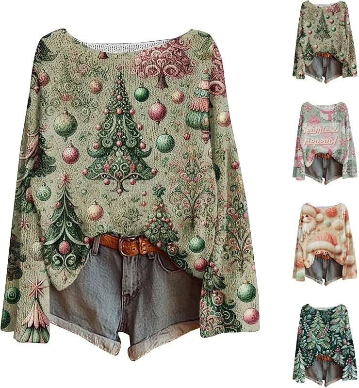 Generic HUIFUAO - Suéter de Navidad para mujer, divertido estampado de árbol de Navidad, suéter de Papá Noel, muñeco de nieve, ropa de punto, cuello redondo, manga larga, para festivales, disfraces — Ropa Navidad