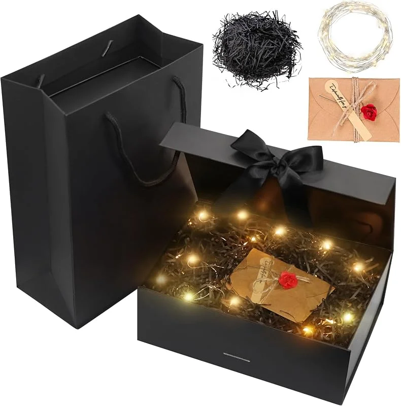 Idota Caja de Regalo Negra con Tapa y Lazo - Incluye Bolso, Cinta, Luz, Rafia, Tarjetas de Felicitación - Para Boda, Cumpleaños, Navidad, Aniversario — Envoltorio regalo