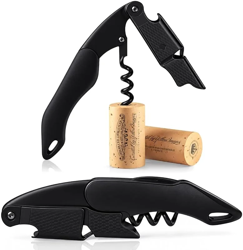FLOW Barware Sacacorchos 3 en 1, sacacorchos de camareros, abrebotellas y cortador de papel de aluminio, abridor de vino de acero multiusos, tornillos de corcho para botellas de vino, color negro — Vino y mesa festiva