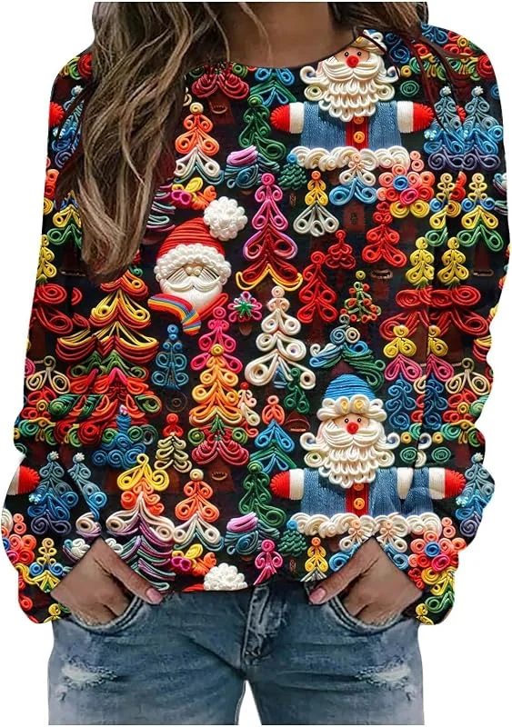 tacniseyw Suéter de Navidad para mujer, sudadera divertida con estampado de árbol de Navidad de Papá Noel, manga larga, cuello redondo, suéter de invierno para mujer, camisetas lindas y divertidas — Ropa Navidad