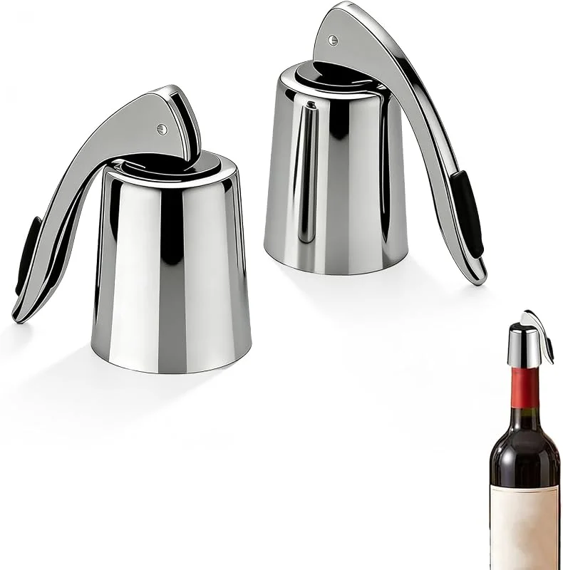 Zyrtkeriom Lote de 2 tapones de vino con boquilla para vino, acabado plateado, conservación y servicio de vino, adecuados para todas las botellas de vino — Vino y mesa festiva