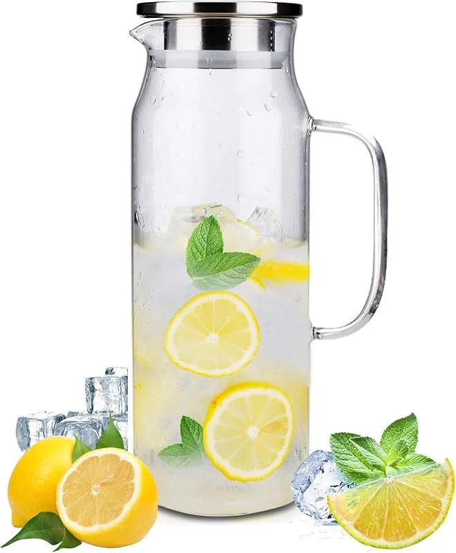 Aurobest 1.5 Litros, 50.7 Onzas Jarra Agua Cristal con Tapa, Botella Agua Vidrio Transparente, Latas Jugo Nevera Calor Resistente para Agua Fría Caliente, Jarra Jugos para Vino, Té Helado, Café, Leche, Zumo — Vino y mesa festiva