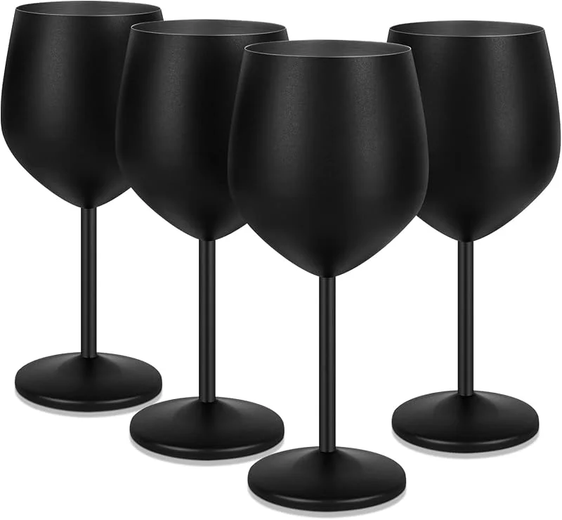 Livole Juego de copas de vino tinto, 18 onzas, 550 ml, de acero inoxidable, copas de champán, copas grandes abombadas, copas de cóctel con tallo, juego de copas para cócteles, vino tinto, negro mate — Vino y mesa festiva