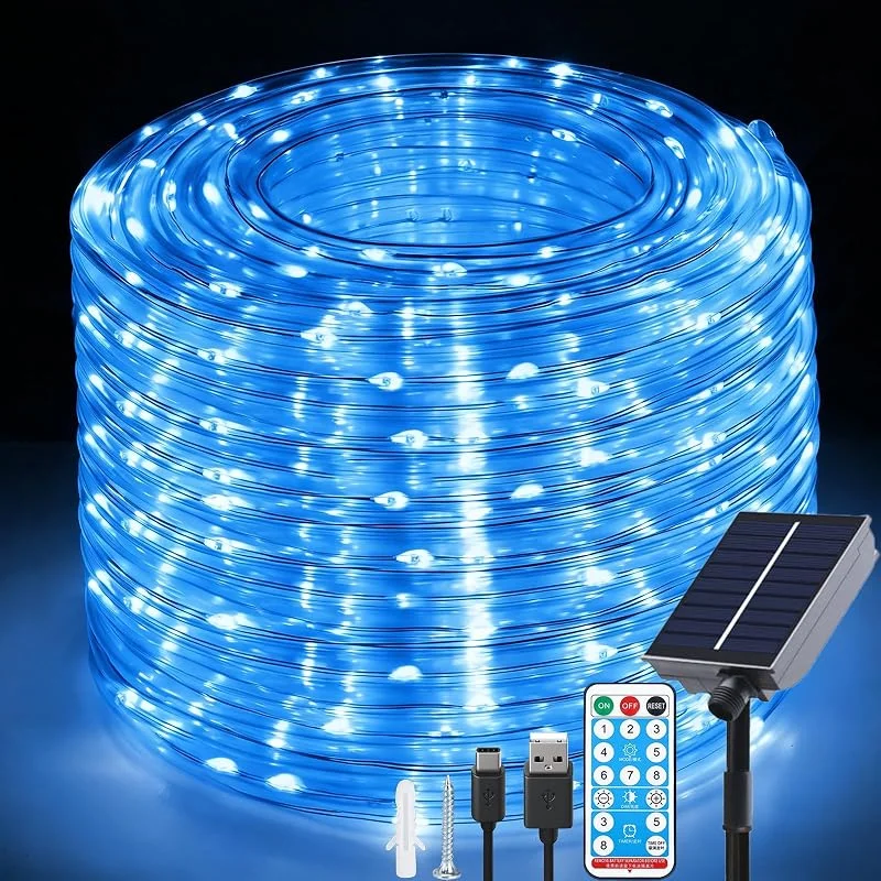 Fonysien 20M 200LEDs Solares Guirnalda Luces Tubo Exteriores Impermeable Luces Solares con Control Remoto, 8 Modos Led Cadena de Luces para Navideña Piscina Fiestas Jardines Bodas — Luces Navidad
