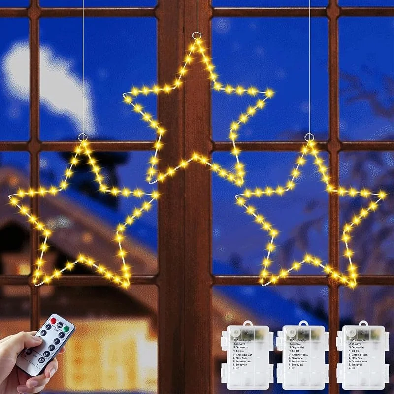 POIFL Luces Navidad Exterior, Set De 3 Piezas, 40led Luz Natal Exterior Con Temporizado, 8 Modos, Estrellas Navidad, Luces Navideñas Interior Para Balcones, Ventanas, Terraza Batería Big Star Lights — Decoracion Navidad