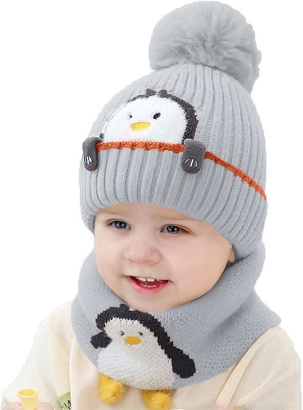 Visita la tienda de Rayson Gorros para Niño Niña Bebé Otoño Invierno Linda Pequeño pingüino Niños Gorro de Punto Acolchado y Bufanda Traje de 2 Piezas — Ropa Navidad