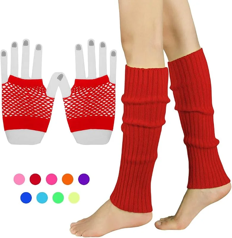 INGJIA Set de Calentadores de Piernas Elásticos de Neón y Guantes de Rejilla Accesorios Disfraces los Años 80(Rojo 2) — Ropa Navidad