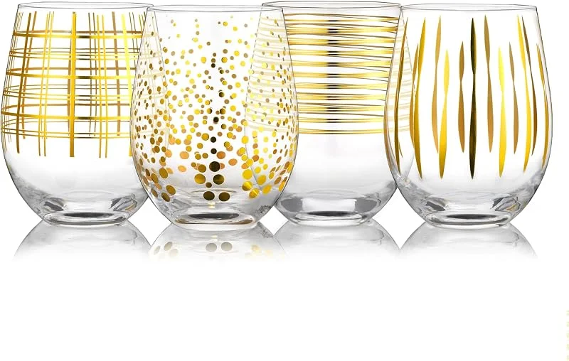Visita la tienda de Joeyan Joeyan Copas de Vino sin Tallo con calcomanía oro 520ml - Juego de 4 Vasos de Vino con puntos y líneas Patrón - Vasos de Vino Cristal para Hogar, Restaurante, Bar — Vino y mesa festiva