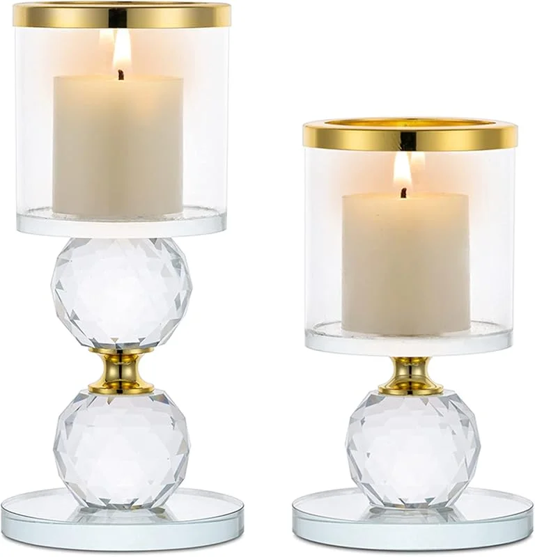 Visita la tienda de Sziqiqi Sziqiqi Portavelas de Columna de Cristal, 2 Piezas de Candelabros de Vidrio Transparente, Velas para Candelabros Centro de Mesa para Regalos de Boda y Decoración Navideña, Oro — Cena a la luz de velas