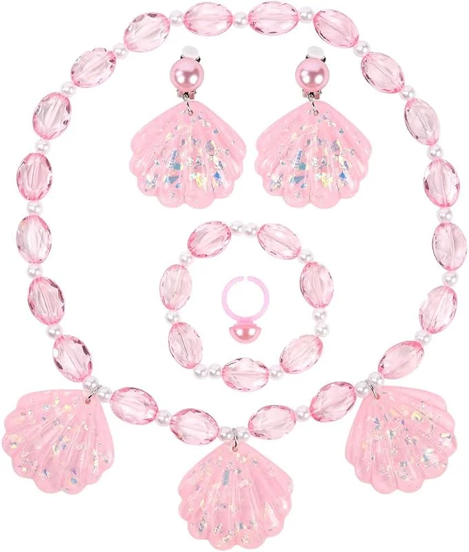 OSDUE 5PCS Conjunto de Joyas de Concha Rosa, Collar de Concha, Pulsera Anillo y Pendientes de Concha Rosa, Joyería para Niñas, Regalo de Cumpleaños, Disfraz de Princesa — Ropa Navidad