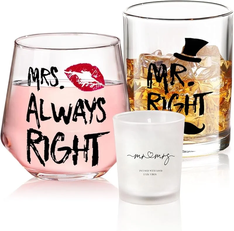 Yalucky Regalos de Boda, Regalos de Compromiso, Regalos Divertidos Para Parejas, Mr.Right and Mrs.Always Right, Copas de Vino, Regalos Aniversario de Boda, Regalos de Boda Para Novios, Regalos de San — Vino y mesa festiva