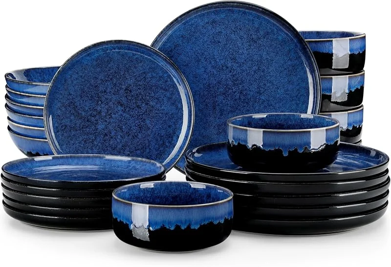 Visita la tienda de vancasso vancasso STARRY Juego de Vajilla Completa para 6 Persone, Vajilla 24 Piezas de Esmaltado Reactivo in Gres, con Platos Llanos, Platos de Postre, Ensaladeras y Tazones de Cereales, Vintage Azul — Adviento y mesa
