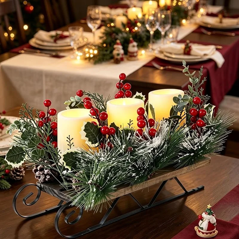 Visita la tienda de Avoalre Avoalre Centro de Mesa Navidad Trineo Vintage con 3 Velas LED Parpadeantes — Decoracion Navidad