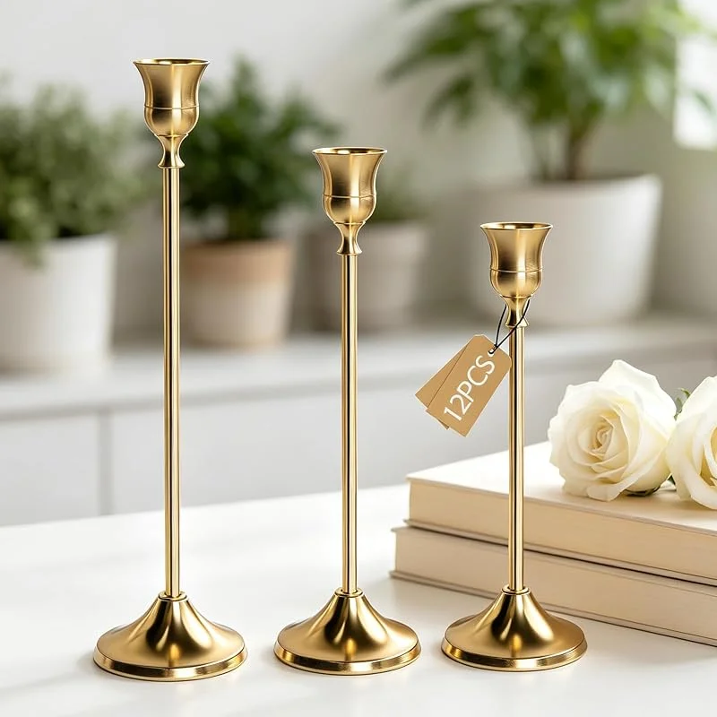 INQUIRLLY Juego de 12 candelabros dorados de metal, candelabros dorados vintage para bodas, cumpleaños, fiestas y cenas de gala — Cena a la luz de velas