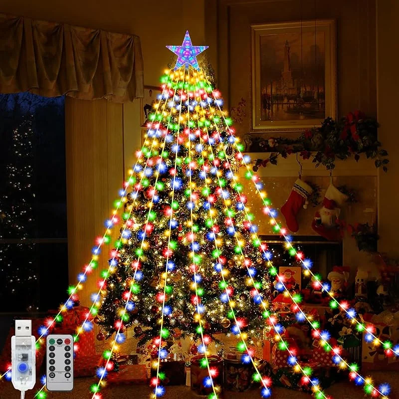 Micacorn Luces Arbol Navidad con Estrella, Impermeables USB Luces de Cascada de Arbol Navidad 2M x 9 Hilos 198 LEDs 8 Modos con Control Remoto para Fiestas de Bodas Navideñas — Luces Navidad