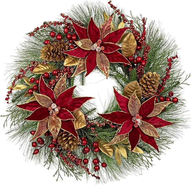 Arborus Arbrous - Corona de Navidad para puerta delantera, 61 cm, coronas de Navidad con flores rojas de pascua, piñas de pino, bayas, hojas de magnolia, coronas de invierno para puertas, repisa de Navidad — Decoracion Navidad