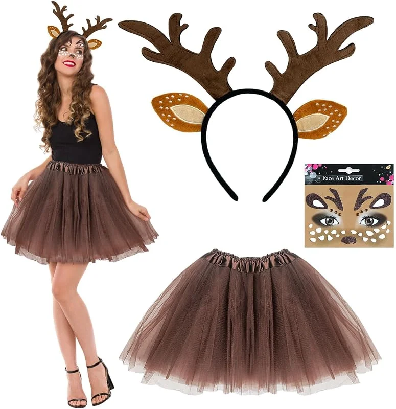 SAIIURV 3 Piezas Disfraz de Diadema Cuernos Ciervo para Mujer, Orejas de Cuernos CiervoTutu Falda Cara Ciervo Tatuaje, Disfraz de Animal Accesorios para Adultos Carnaval Halloween Cosplay — Ropa Navidad
