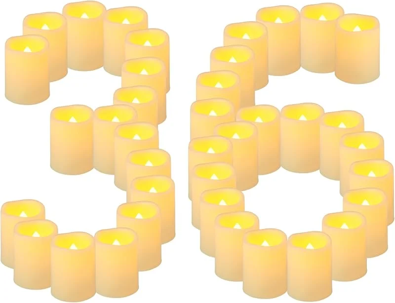 Visita la tienda de Yakpo Paquete de 36 velas votivas LED sin llama parpadeantes de 5 cm, funciona con pilas, velas votivas LED falsas, velas eléctricas parpadeantes a granel para Navidad, Halloween, fiesta, boda — Cena a la luz de velas