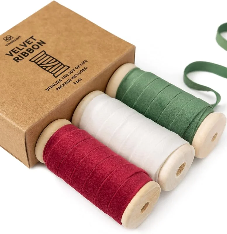 Visita la tienda de Vitalizart Vitalizart Set Cinta Terciopelo Verde & Blanco & Rojo 0, 95 cm x 13, 7 m — Envoltorio regalo