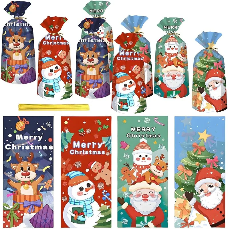 COSORO 50 Piezas Bolsas Regalo Celofán Navidad con Lazos de Torsión, Bolsas Regalo Pequeñas Plástico Bolsa Dulces Bolsitas Caramelos de Niños Muñeco de Nieve y Renos, Embalaje Regalos para Fiestas Navidad — Envoltorio regalo