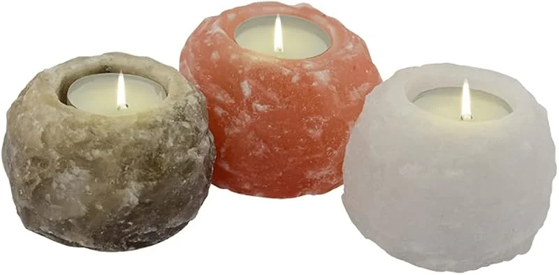 Himalaya Salt Dreams Juego de portavelas, 3 Unidades, Aprox. 400 g, Sal de Cristal de Punjab, Pakistán, Naranja, Blanco y Gris, diámetro de 7 cm — Cena a la luz de velas