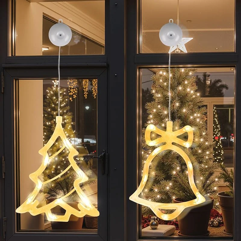 LEDYA Luces LED Árbol de Navidad, 2 unidades, cortina de 10 LEDs, blanco cálido, a pilas con ventosa y temporizador, guirnalda de ventana para Navidad, fiestas y bodas — Decoracion Navidad