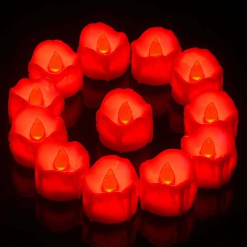 Visita la tienda de PChero PChero Velas de té LED con temporizador de 6 horas, juego de 12 velas eléctricas sin llama LED rojas, llama parpadeante con batería y función de temporizador para Halloween, fiesta de Año Nuevo — Luces Navidad