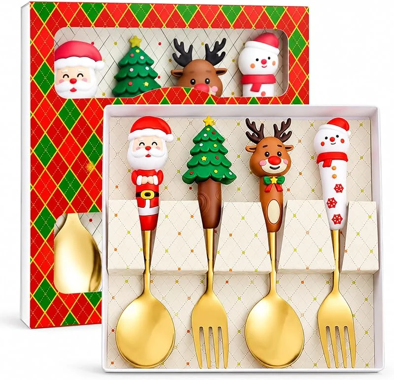 Yahusuhil 4 piezas vajilla navideña, cubiertos Navidad cuchara tenedor — Adviento y mesa