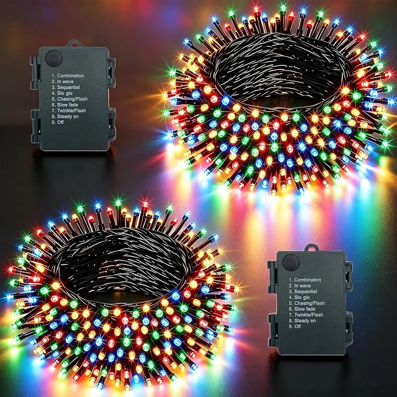 MOLVCE Guirnalda Luces Pilas Luces LED 8 Modo Impermeable Temporizador para Exterior o Interiores Cadena Decoración 10m 100LEDs, 2 Pack, Decorativas para Navidad, Halloween, Boda, Color — Luces Navidad