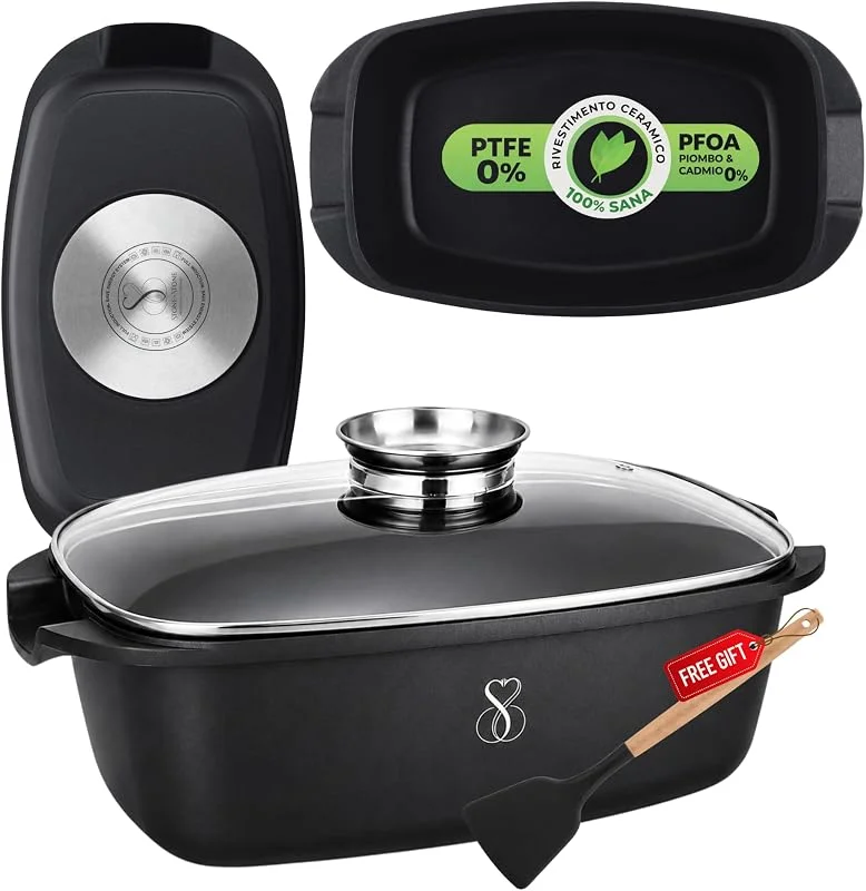 Visita la tienda de Stone&Stone Bandeja de horno antiadherente gas e inducción, plato para asar asadera profesional lasagnera gourmet con tapa de cristal aluminio super anti adherente acero y piedra (32CM) — Hogar y cocina