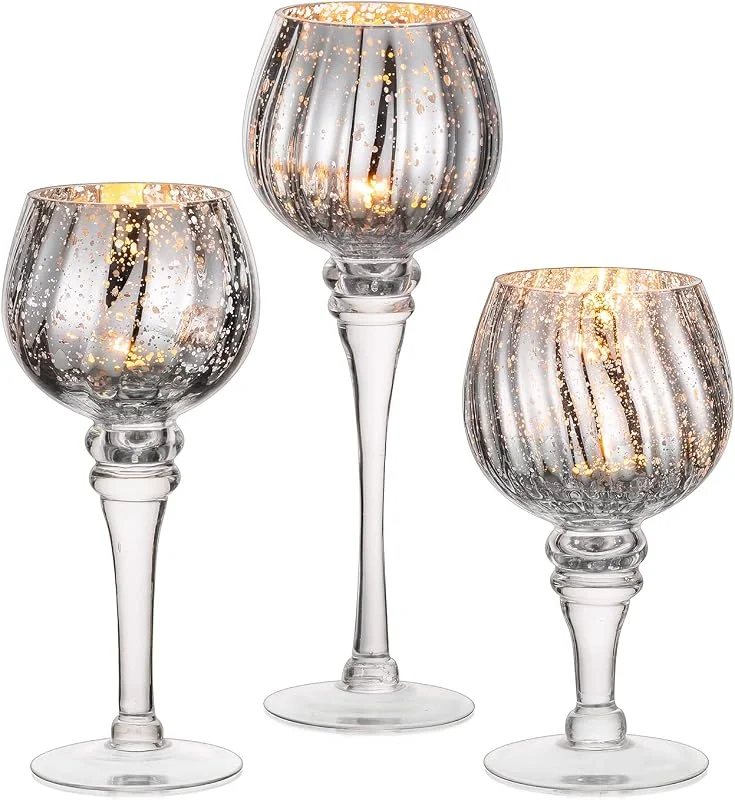 Visita la tienda de Nuptio Nuptio Portavelas Vidrio 3 Piezas Candelabros para Velas Mercurio Alto Portavelas Plata Grande Porta Cirios Vidrio Tallo Largo Pilar Centro Mesa para Boda Fiesta Manto Navidad Decoración Chimenea — Adviento y mesa