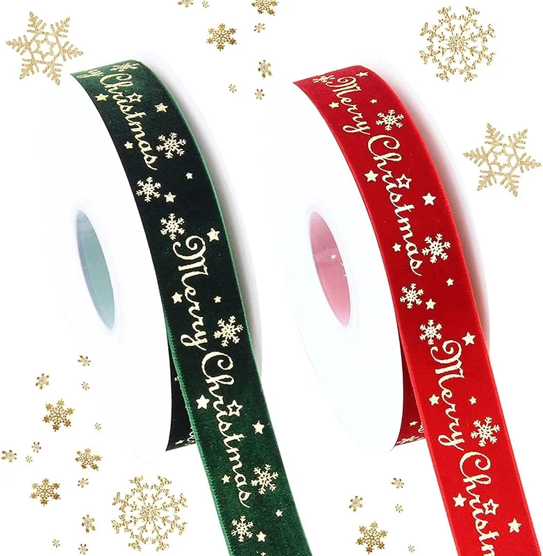 Qaestuan 2 Rollo Cinta Navideña, 2, 5cm x 9m Cintas Navideñas, Cinta de Terciopelo Estampada, Cintas con las Palabras "Merry Christmas", para Lazos, Regalos, Coronas, Decoraciones de árboles — Envoltorio regalo