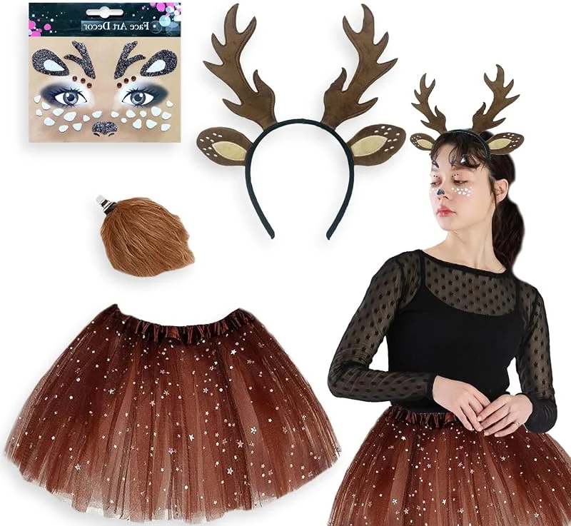 Xiujuers Disfraz de Reno para Mujer, Disfraz Carnaval Mujer con Diadema de Reno, Adhesivo para la Cara, Vestido de Reno navideño, Vestido de Carnaval de Reno, Disfraz de Reno para Mujer — Ropa Navidad