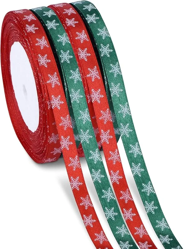 Visita la tienda de Kiiwah 100m 4 Rollo Cintas de Satén de Copo de Nieve para Decoraciones de Navidad, Envoltura de Regalos, Árbol (Rojo, Verde) — Envoltorio regalo