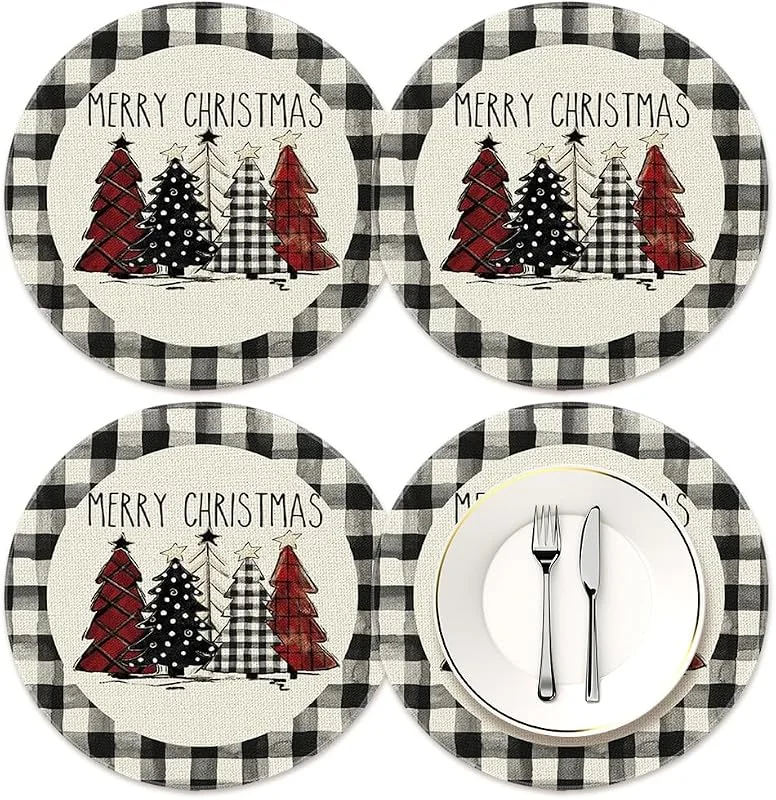ZJILIXIA 4 Piezas Mantel Individual Redondo Navideño, Decoración De Mesa De Navidad, Manteles Individuales Lavables Redondos, Manteles Individuales De Lino, Decoraciones De Mesa De Navidad para Cena (D) — Hogar y cocina