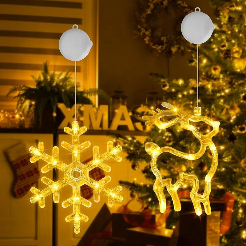 OUILA Luz Navideña, Luces LED con Copos de Nieve & Alce Navideño Luz Navidad Ventana Luces de Cortina Funciona a Pilas Luces de Navidad con Ventosa y Temporizador Adornos Navidad Balcon(Blanco Cálido) — Decoracion Navidad