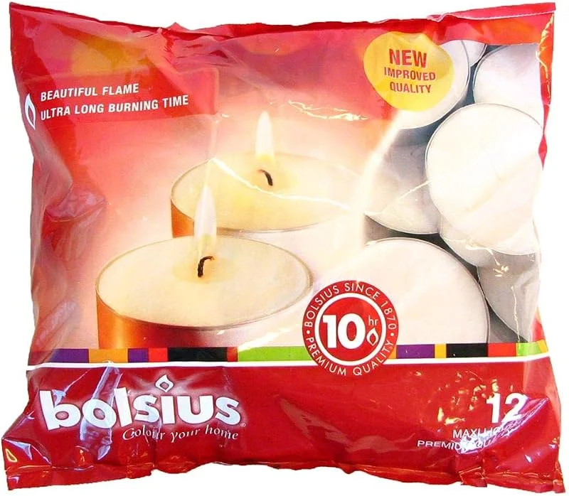 Visita la tienda de Bolsius Bolsius - Velas de té grandes (uso interior y exterior, 10 horas de duración, 16 x 38 mm, 12 unidades), color blanco — Cena a la luz de velas