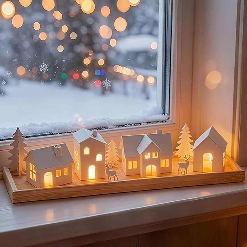Visita la tienda de Sziqiqi Sziqiqi Christmas Village Decoración Navideña: 4 Portavelas de Casa de Metal con 4 Velas LED - Set de Escena Invernal con Bandeja de Madera para Decoración del Hogar y Regalo — Decoracion Navidad
