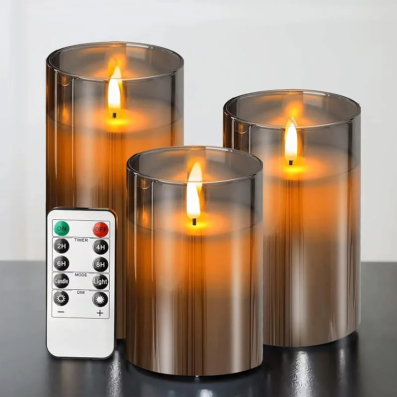 Visita la tienda de ILEEDear Velas led 3D de cristal sin llama, Velas led efecto llama, Vela de vidrio realista efecto, con control remoto temporizador, velas decorativas, adornos salon, navidad decoración casa (Gris) — Cena a la luz de velas