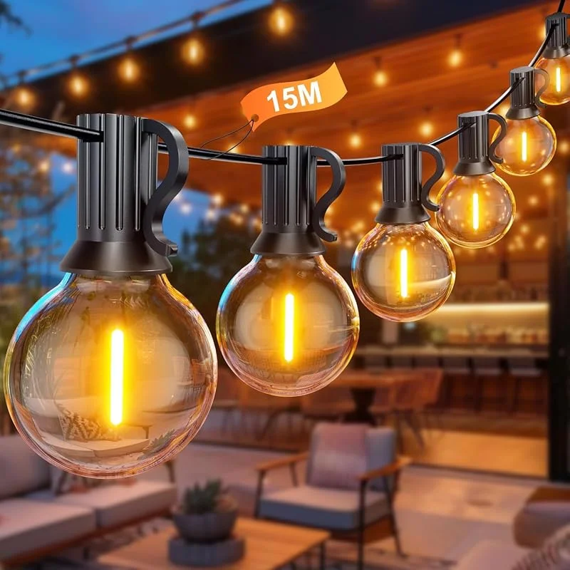 Visita la tienda de BokiHuk Luces Led Exterior Jardin 15M, Guirnalda Luces Exterior con 25+1 Bombillas, Impermeable Luces Jardin para Terraza, Café, Cobertizos, Bodas, Pérgolas — Luces Navidad