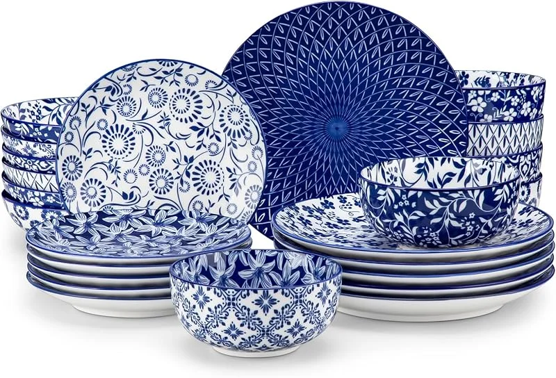 Visita la tienda de vancasso vancasso SELENE - Juego de platos y cuencos para 6, juegos de vajilla de 24 piezas, juego de platos aptos para microondas y lavavajillas, vajilla azul porcelana — Adviento y mesa