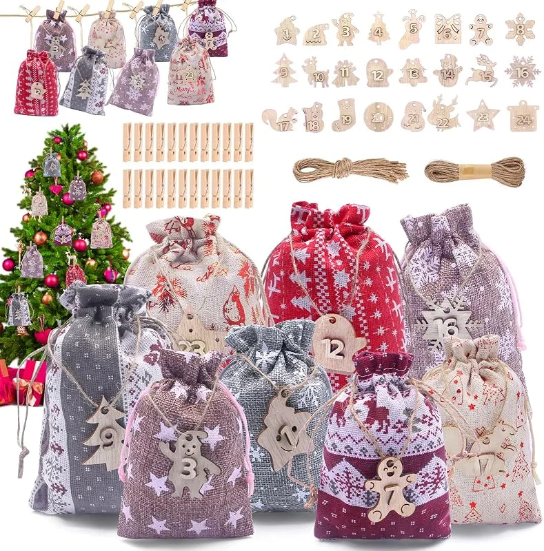 HOVIBU AOKITO Calendario de Adviento para Rellenar, 24 Bolsas de Lino para Niños — Adviento y mesa