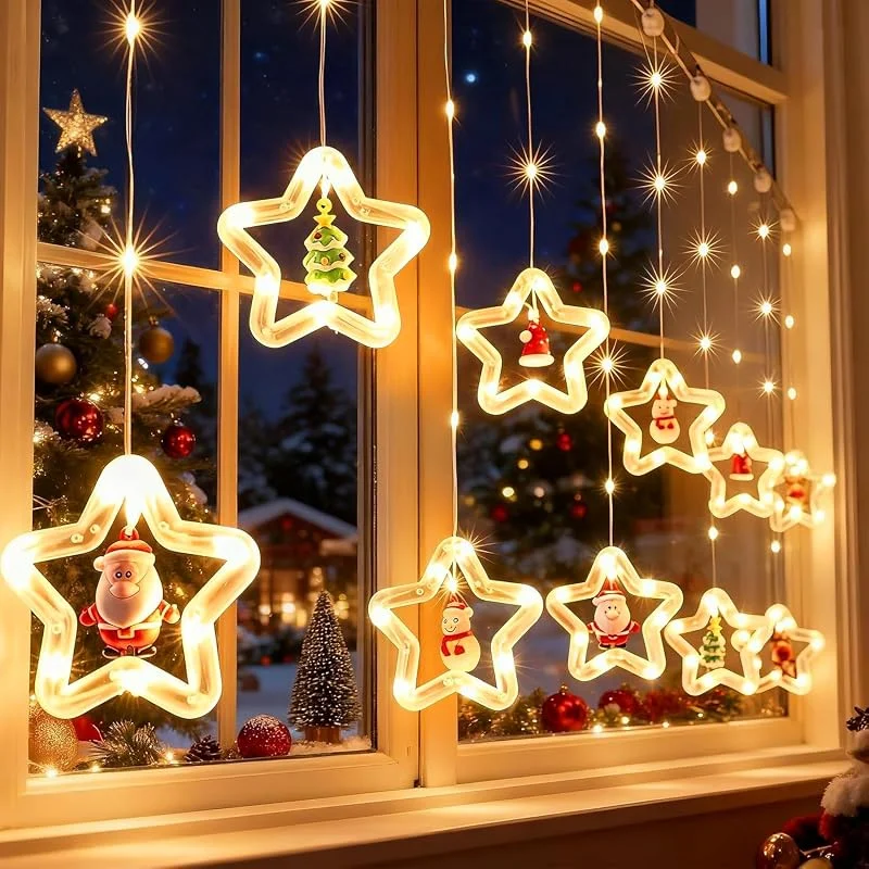 Fohil Cortina de Luces Navidad, 100LED Estrellas Luce Interior, 8 Modos Impermeable Luz de Cortina Guirnaldas Luces de Navidad Decoración para Ventana Jardín Porche Exterior — Decoracion Navidad