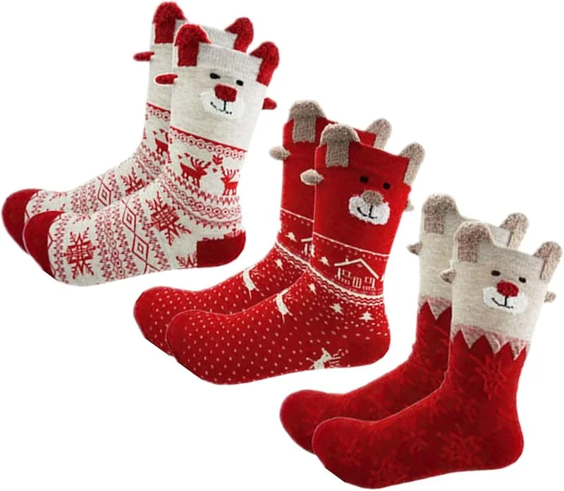 HUVZOR 3 Pares Calcetines de Navidad Divertidos para Mujer, Calcetines con Reno 3D Animales Adorables, Calcetines Gruesos Calidos Regalo de Fiesta Navideños para Stocking Stuffer — Decoracion Navidad