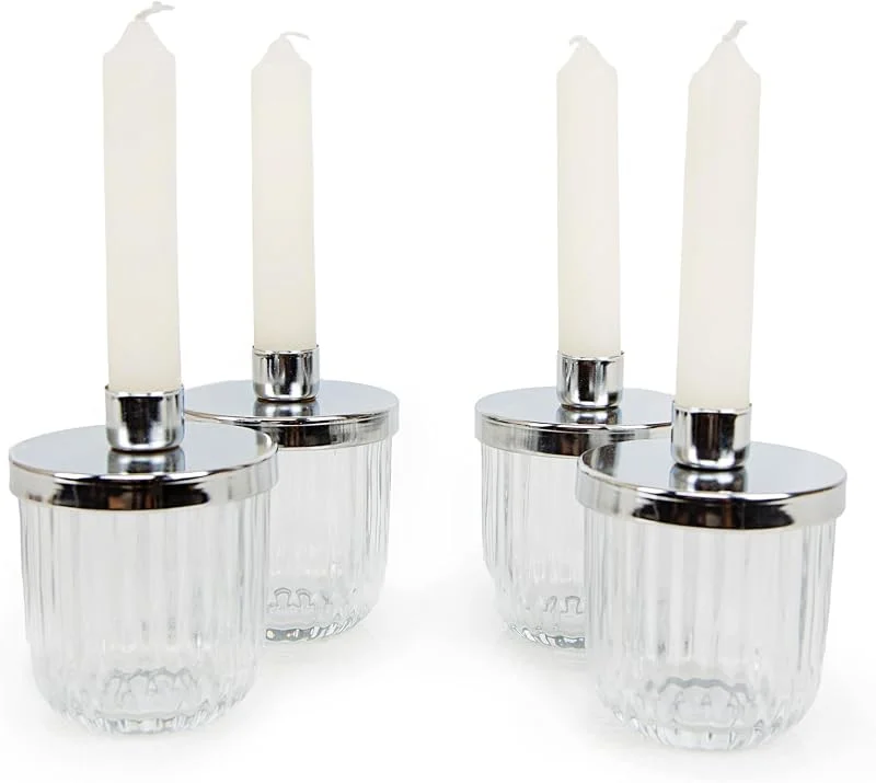 Visita la tienda de Logbuch-Verlag Logbuch-Verlag Pack de 4 portavelas candelabro decoración en Vaso de Cristal con Soporte de Metal Plateado - portavelas Decorativas Cristal, decoración hogar — Cena a la luz de velas