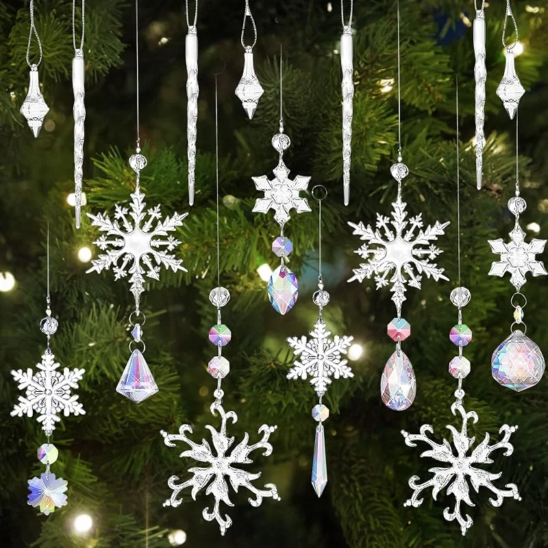 YeahBoom 16PCS Acrílico Decoración Navideña, Transparente Carámbanos Copo de Nieve con Cristal K9, árbol de Navidad Adornos Colgantes Conjuntos — Decoracion Navidad