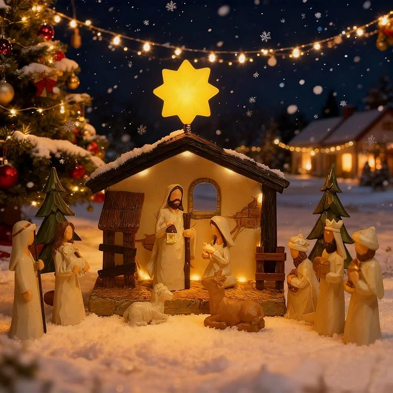 YIK TUNG Juego de figuras de belén YIK TUNG, nacimiento navideño, escena del Nacimiento, figuras de belén con iluminación, decoración navideña para interiores (set de 13) — Decoracion Navidad