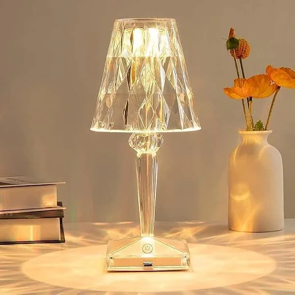 SHANJIA Lámpara de cristal, lámpara de mesa de diamante de cristal, lámparas de noche con control táctil, 3 colores cambiantes, lámpara de mesita de noche con cable USB (3 colores) — Cena a la luz de velas